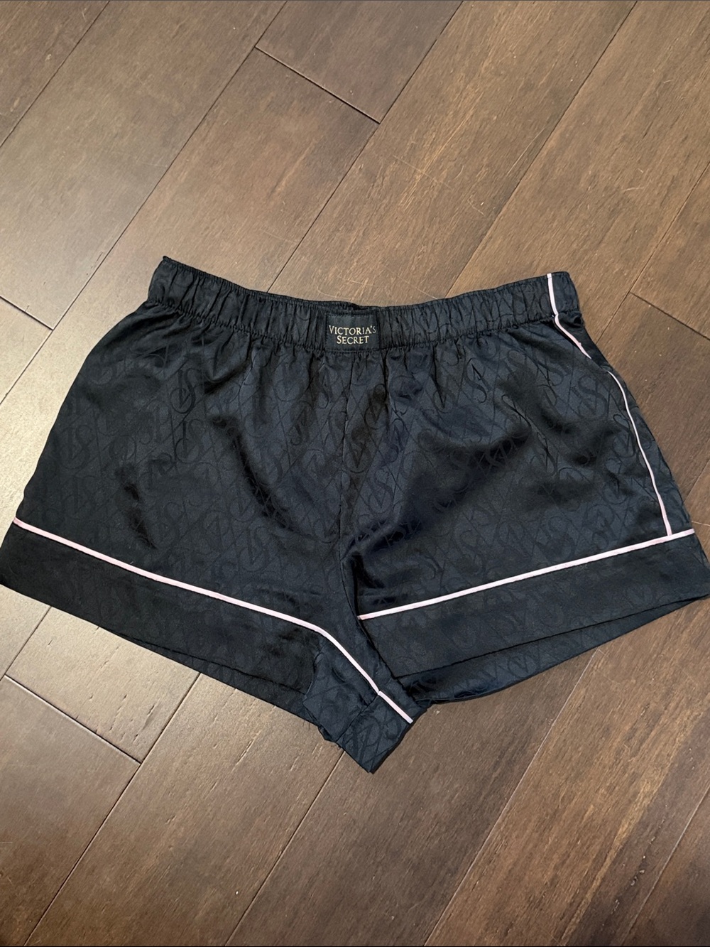 Victoria's Secret Black Satin Lounge Shorts with Pink Piping